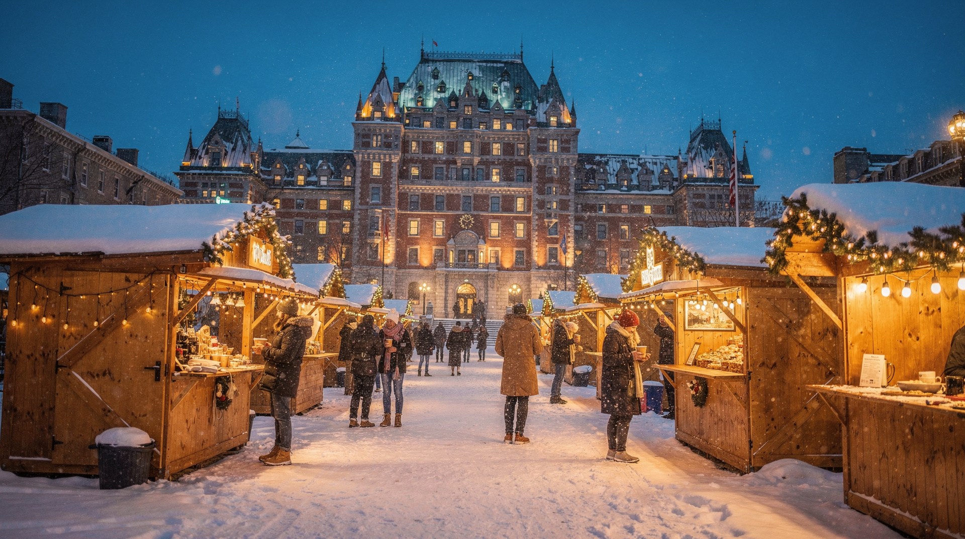 Québec en décembre : marchés de Noël, neige et début de la saison de ski — Décembre au Québec : marchés de Noël dans le Vieux-Québec, ski à Mont-Tremblant,